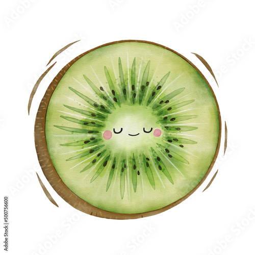 Watercolor cute kiwi cartoon character.