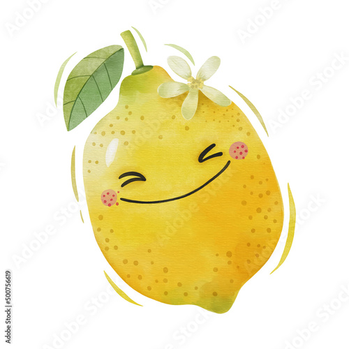 Watercolor cute lemon cartoon character.