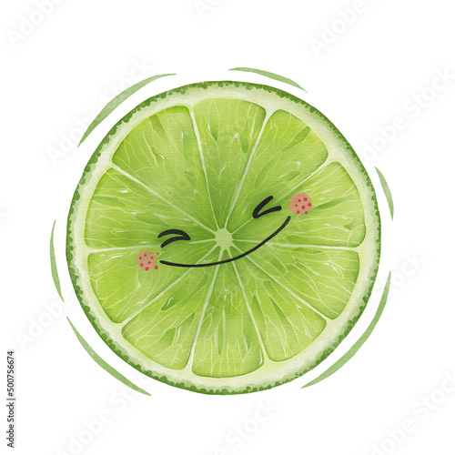 Watercolor cute lime slice cartoon character.