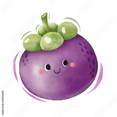 Watercolor cute mangosteen cartoon character.