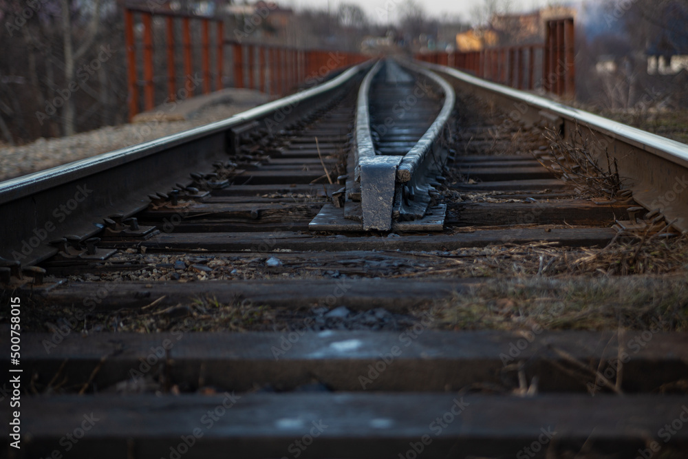 railway rails view of fastening close up of old rails