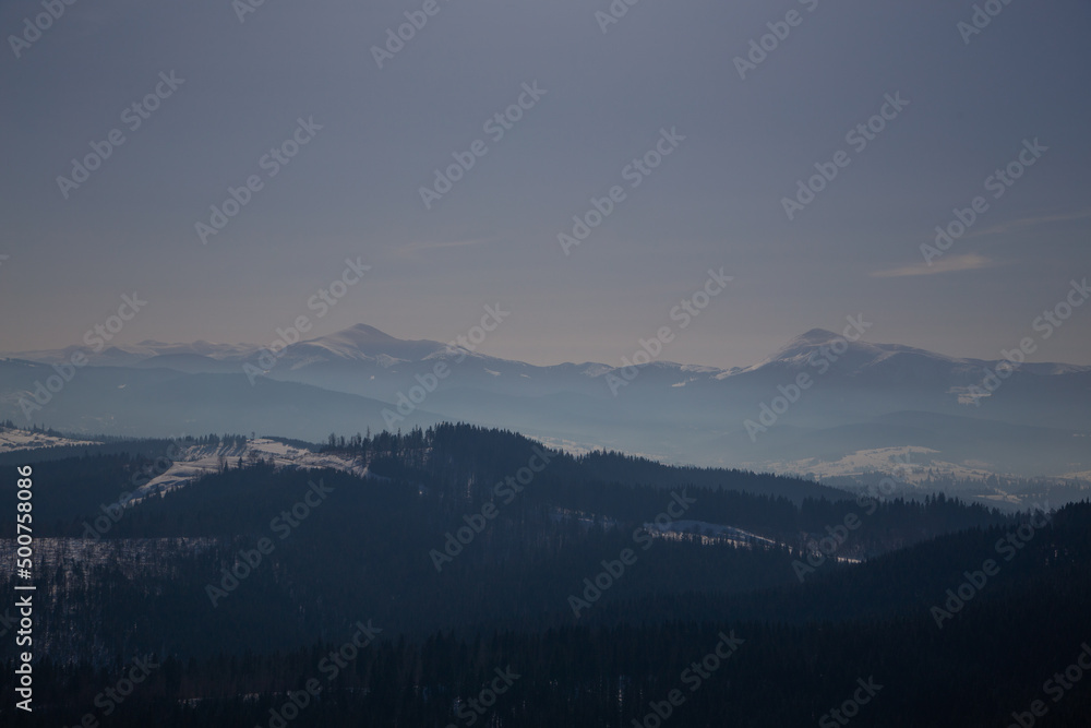 beautiful view of the Carpathian mountains in winter Ukraine