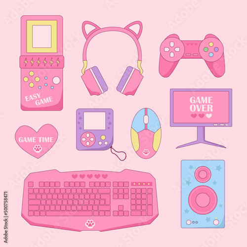 Pink Rerto Gamer Girl elements set. Vintage pink computer game equipment vector illustration.