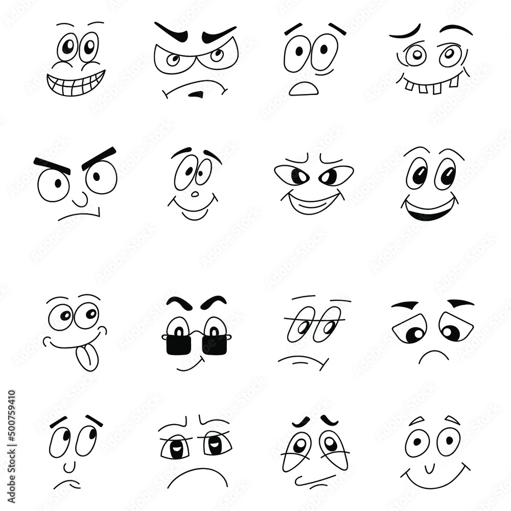 set of funny cartoon faces with black outline
