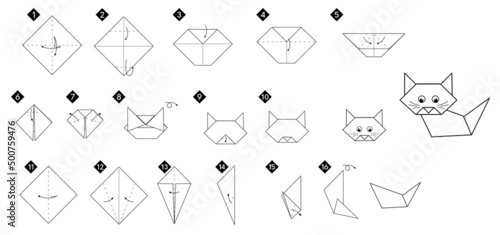 How to make origami cat. Black line monochrome step by step instructions. Easy DIY for kids.