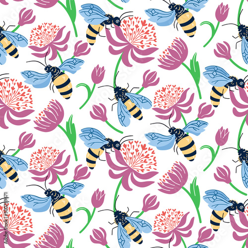Trendy seamless floral pattern with bees and pink flowers. Fabric design with flowers and bees. Cute hand drawn bright honey repeated pattern for fabric, wallpaper and more.
