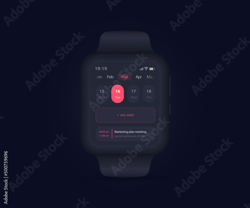 Smartwatch calendar planner app concept, Activity calendar clock UI UX, Wristwatch calendar schedule agenda annual planning meeting application, Calendar events, Appointment, Event fitness, Vector