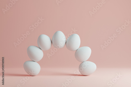 White eggs arch balance. Conceptual 3D illustration on a natural pastel pink background.