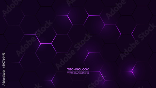 Dark violet hexagonal technology abstract vector background with purple colored bright flashes under hexagon. Hexagonal gaming vector abstract background.