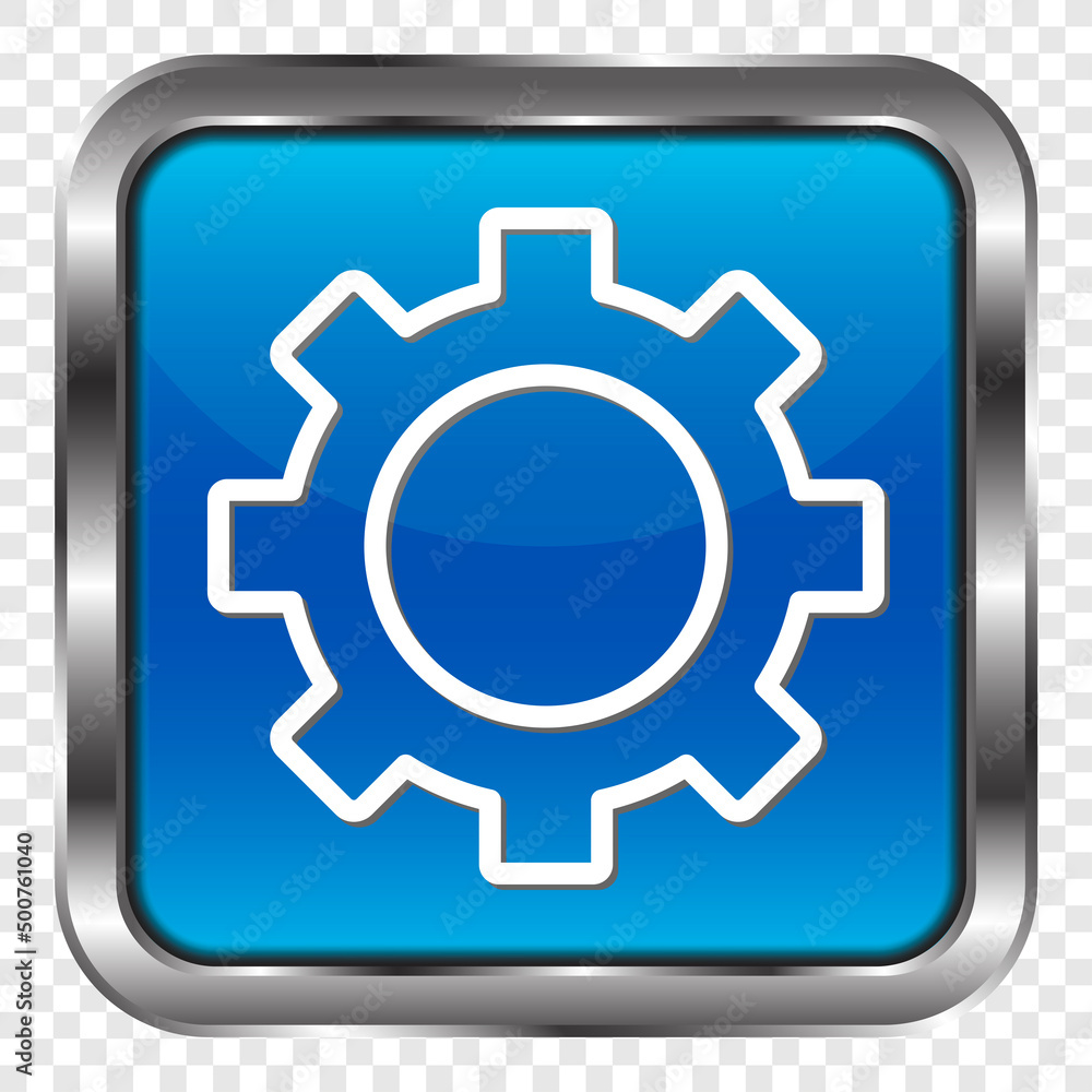 Gear simple icon vector. Flat design. Metal, blue square button. Transparent grid.ai