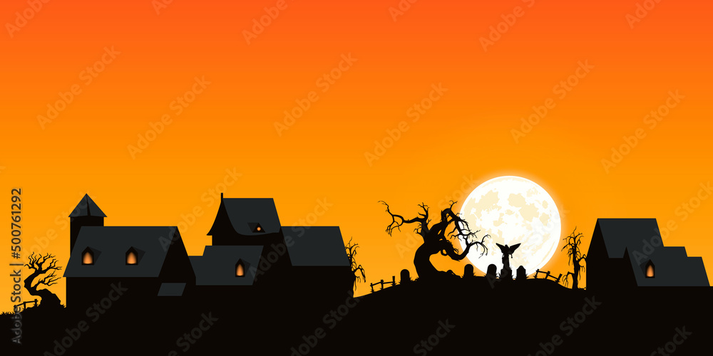 Halloween 2022. City panorama in halloween style. Scary halloween isolated background. Orange and yellow background. Vector illustration.