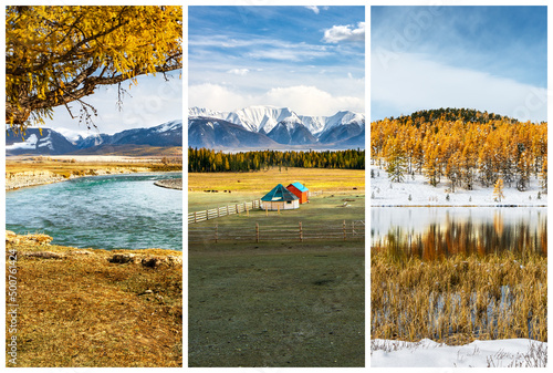 Autumn in Altai Mountains. Landscape photo collage with beautiful mountain views and travel destinations.
