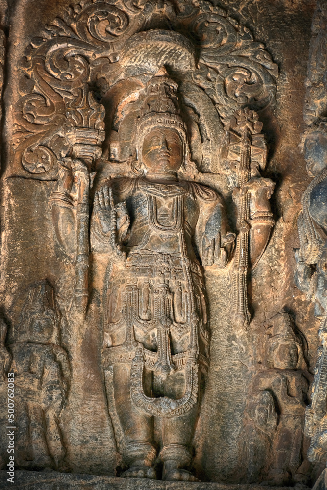 21 December 2021, Halebidu, Karnataka, India, Hoysaleswara Temple sculpture work, 12th-century Hindu temple dedicated to Shiva, It is the largest monument in Halebidu, the former Hoysala capital.