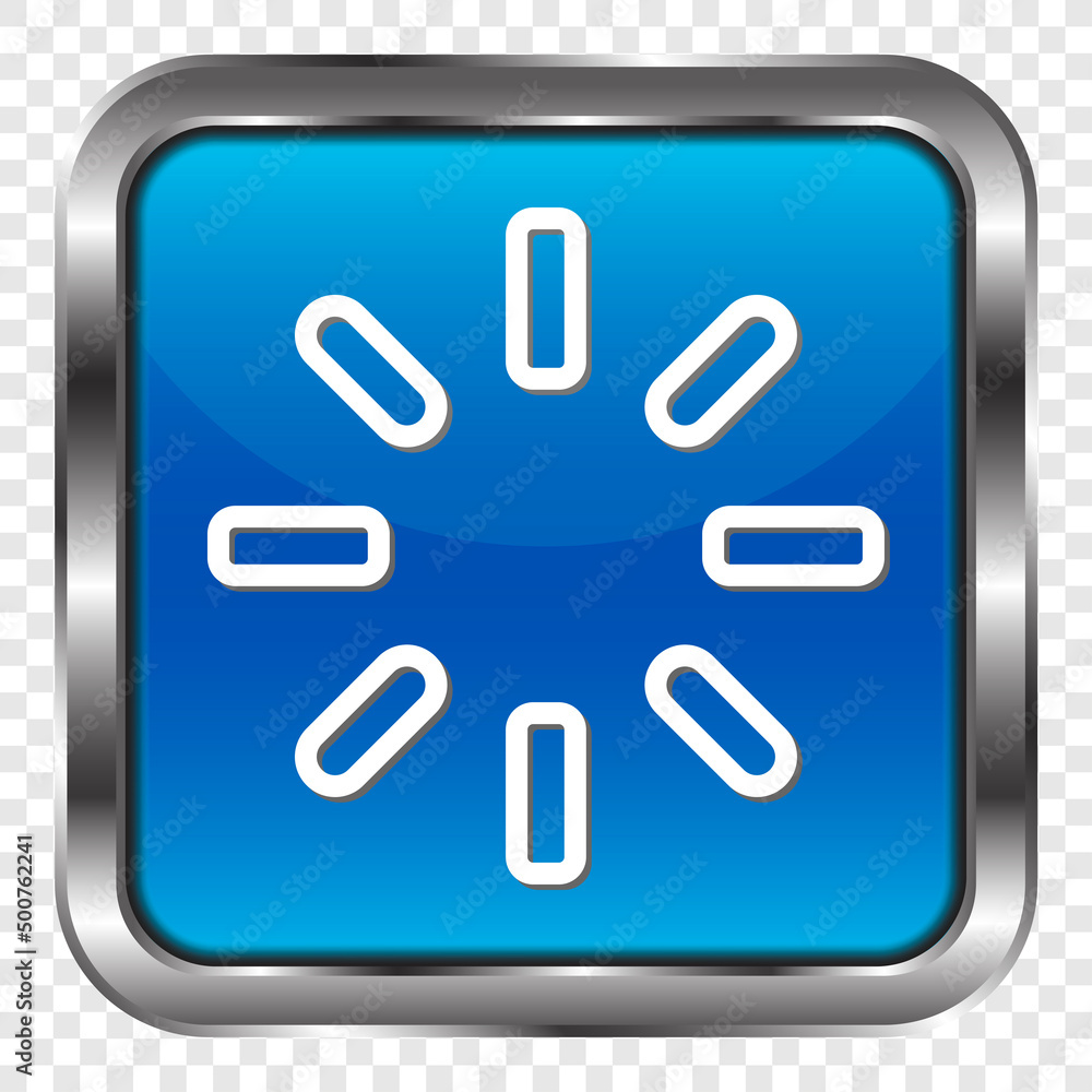 Loading simple icon vector. Flat design. Metal, blue square button. Transparent grid.ai