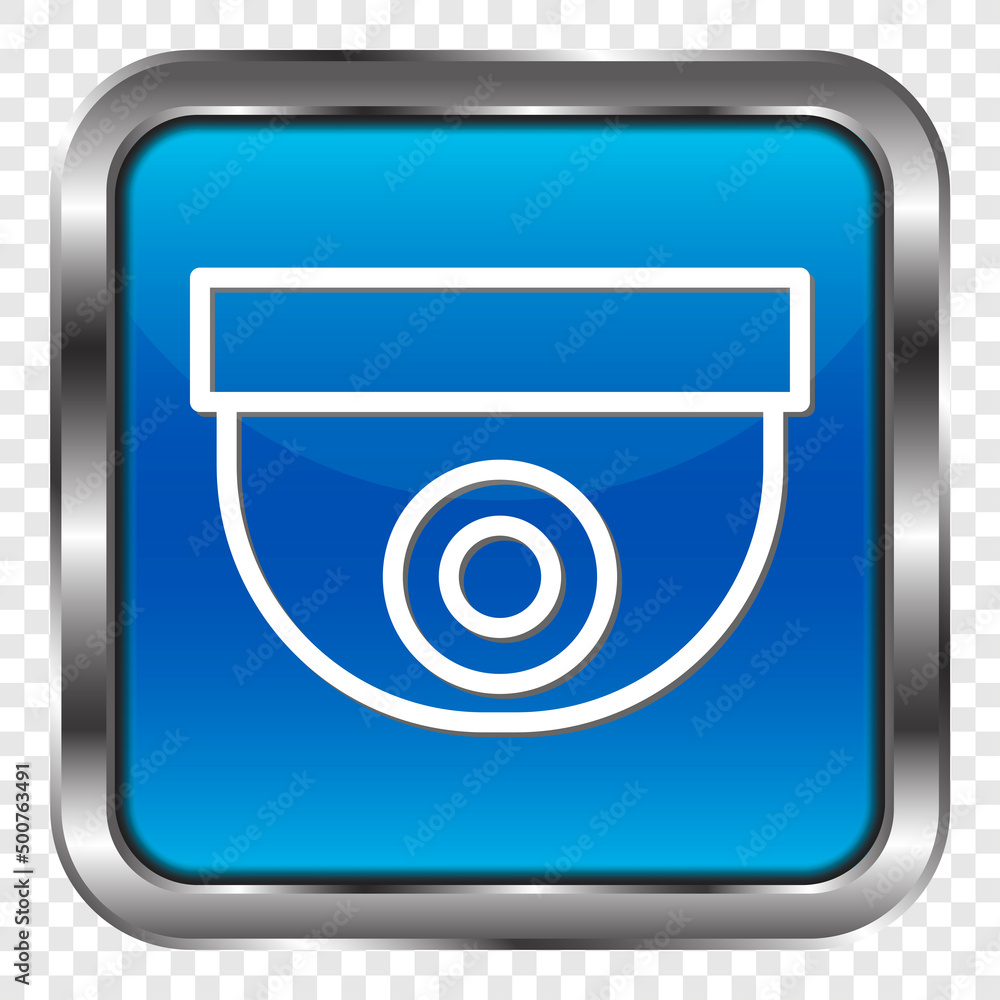 Security cam simple icon. Flat design. Metal, blue square button. Transparent grid.ai Security cam simple icon. Flat design. Metal, blue square button. Transparent grid.ai