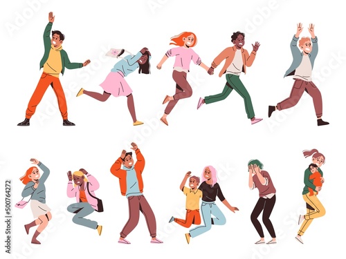 Afraid people running. Shocked reaction, escape from sudden problem, frightened characters, horrified adults, terrified children, young men and women with kids, vector cartoon flat set