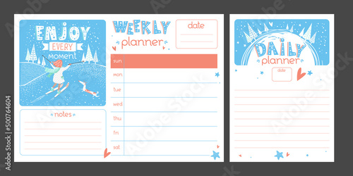 Motivational Planner set with hand drawn lettering "Enjoy every moment". Vector Cartoon Weekly and Daily organizer.  Business shedule page.