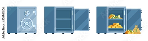 Empty and closed safe. Open, empty and full metal boxes, bank deposit storages, stack banknotes, coins and gold bars, reliable savings protection, vector cartoon flat finance concept