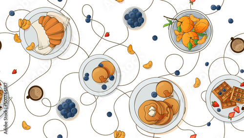 Vector seamless pattern with food: pancakes, waffles, croissant, a cup of coffee, tangerines, blueberries. Hand-drawn illustration for fabric, kitchen textile, website, postcard, menu design, café.