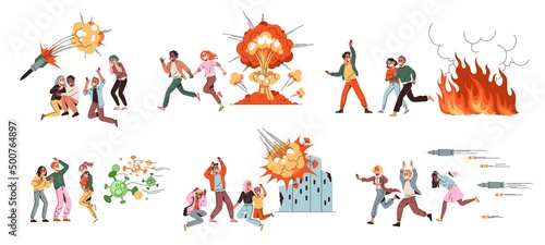 Frightened people running. Stressed situation, horrified adults and children run from explosions and shells, scared characters, city destroyed war, broken buildings, vector isolated set