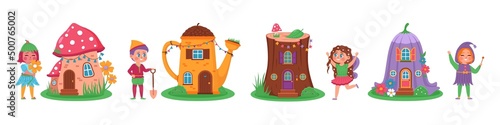 Magic houses fairies. Little pretty homes with fabulous residents, cute fairies and elves, color sorcery town, funny inhabitants, tiny boys and girls near magical builds vector cartoon flat set