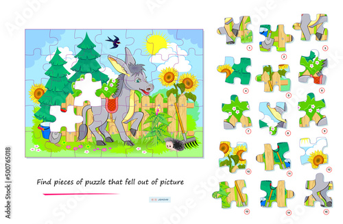 Logic game for children and adults. Find pieces of puzzle that fell out of picture. Page for kids brain teaser book. Task for attentiveness. Developing spatial thinking. Play online. Vector image.