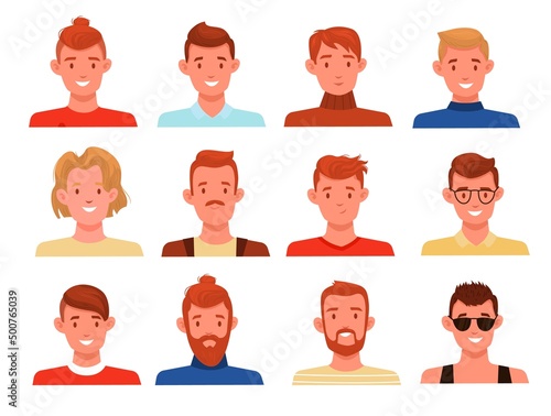 Men hairstyles avatars. Different styles male portraits, blondes, brunettes and brown haired characters, long and short hair, mustache and beard, various haircut vector cartoon flat set