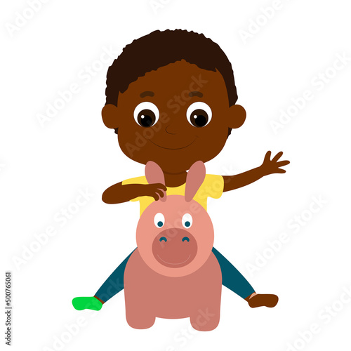 Little child boy sits on a toy rubber horse jumper. Preschool child and he is happy and smiling happily. Cartoon vector illustration of childhood and games and children's outdoor activities.