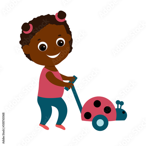 A little cute girl is carrying a toy ladybug on wheels and a cane. The child is smiling and she is happy. Cartoon style illustration isolated on white background.