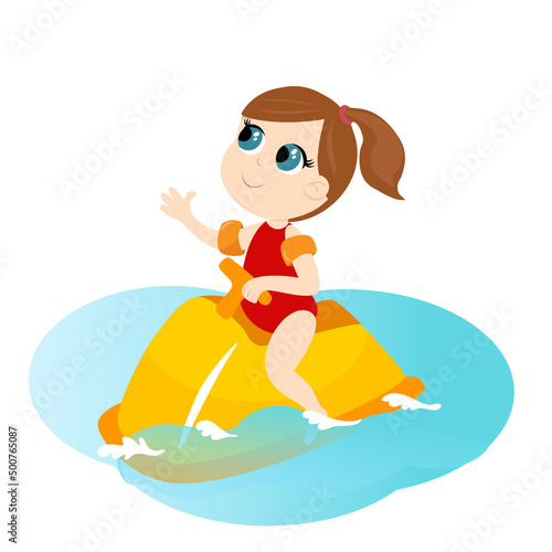 Summer holiday child cartoon style.The girl sits on a water scooter and floats on the water.  Vector illustration isolated on white background. Mood of happiness and joy.