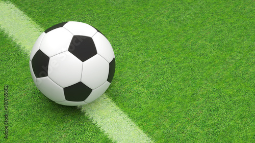 soccer ball on green grass field,football match,3d rendering
