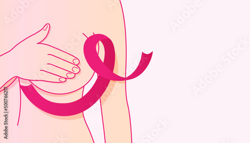 Breast Self-Exams line icon. Breast health. Breast cancer. Pink ribbon. Silhouette icon. Timely breast examination. Health care. National Breast Cancer Awareness. Health-care poster or banner template