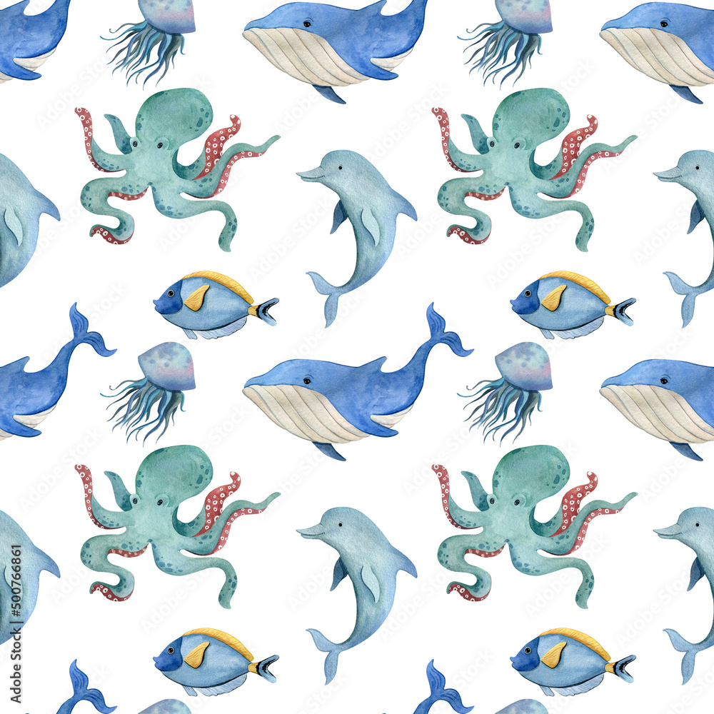 Watercolor seamless pattern with ocean animals Watercolor seamless pattern with ocean animals