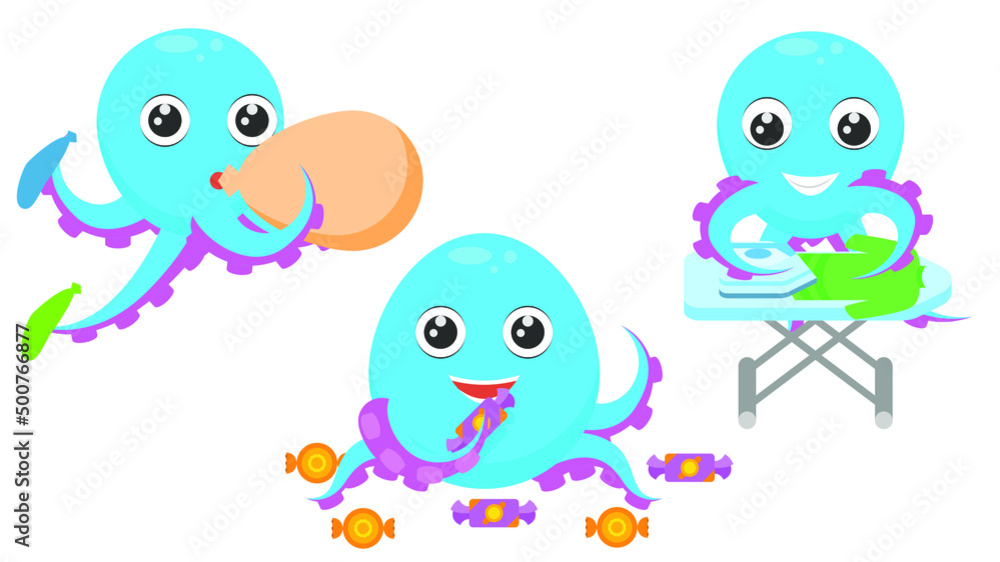 Obraz premium Set Abstract Collection Flat Cartoon Different Animal Blue Octopus Tentacles Inflates Balloons, Ironing Clothes, Got Fat From Candy Vector Design Style Elements Fauna Wildlife
