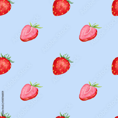 Fototapeta Naklejka Na Ścianę i Meble -  Watercolor pattern with strawberries on a blue background