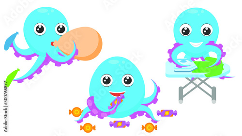 Set Abstract Collection Flat Cartoon Different Animal Blue Octopus Tentacles Inflates Balloons, Ironing Clothes, Got Fat From Candy Vector Design Style Elements Fauna Wildlife