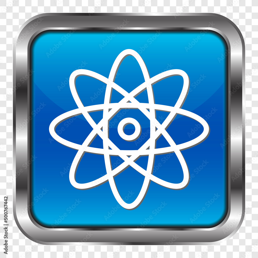 Atom simple icon vector. Flat design. Metal, blue square button. Transparent grid.ai Atom simple icon vector. Flat design. Metal, blue square button. Transparent grid.ai