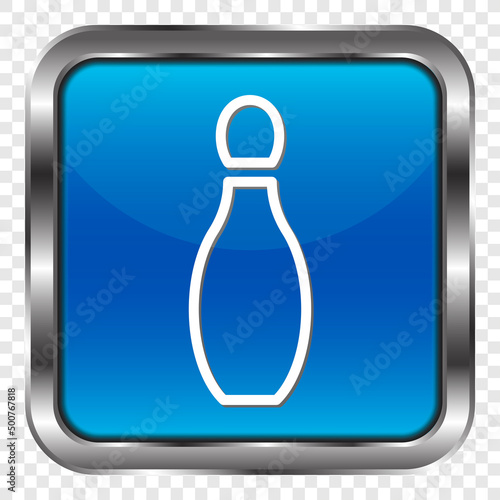 Bowling skittle simple icon. Flat design. Metal, blue square button. Transparent grid.ai