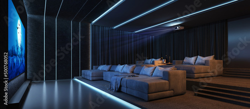 Bild auf Leinwand Luxury home theater room with big couch.3d rendering