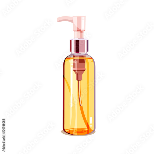 Colorful cosmetic oil bottle with doser isolated on white background. Flat cartoon vector illustration for poster, web design, banner, card, flyer, icon, logo or badge.