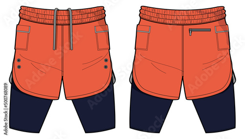 Sport track Shorts with compression tights design vector template, Trail shorts concept with front and back view for Soccer, football, badminton and running active wear Belay shorts design