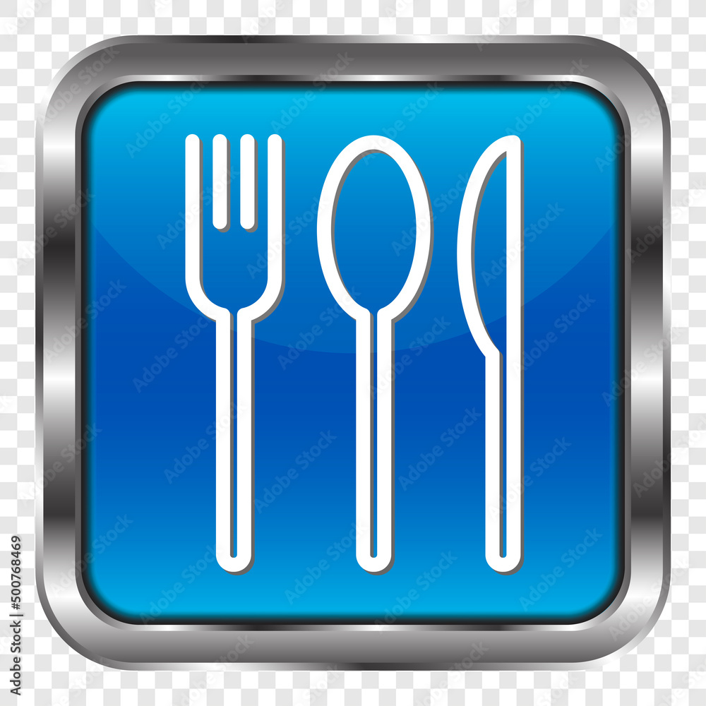 Fork spoon knife simple icon. Flat design. Metal, blue square button. Transparent grid.ai Fork spoon knife simple icon. Flat design. Metal, blue square button. Transparent grid.ai