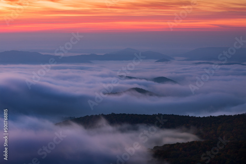 Morning fog and sunrise over the Blue Ridge Mountains of North Carolina