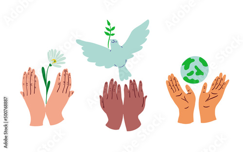 Hands of different people holding peace dove, flower and planet.Vector illustration.