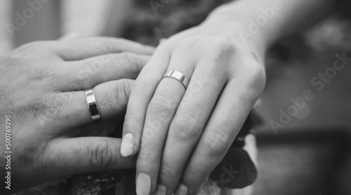  Wedding rings on the fingers of the newlyweds