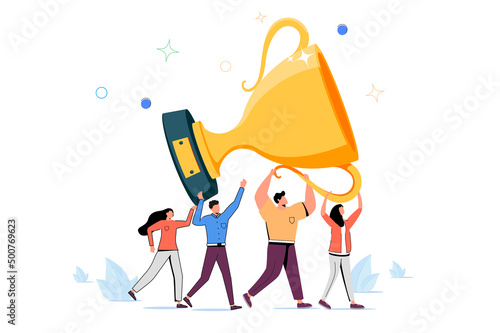 Team achievement, teamwork collaborate work together to achieve business goal, winning award or success, partnership