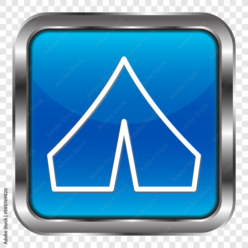Tent simple icon vector. Flat design. Metal, blue square button. Transparent grid.ai Tent simple icon vector. Flat design. Metal, blue square button. Transparent grid.ai