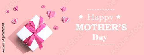 Happy mothers day message with a gift box and paper hearts