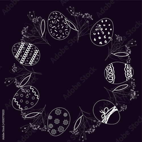 black background eggs Easter greens floristry card for notes