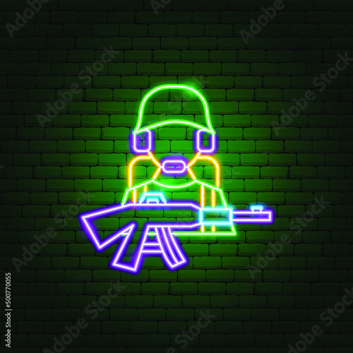 Army Soldier Neon Sign. Vector Illustration of War Promotion.